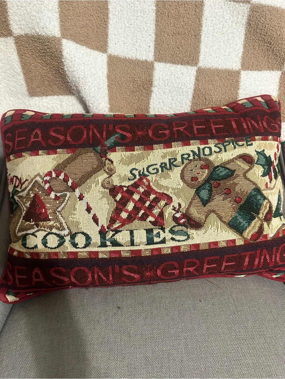 Vintage tapestry Season's Greetings Red Holiday Cookie Pillow